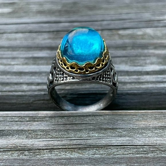 Men Rings Fashion Blue Stone Gunmetal/Gold Tone Men Jewelry Rings Size 9 - Picture 9 of 11